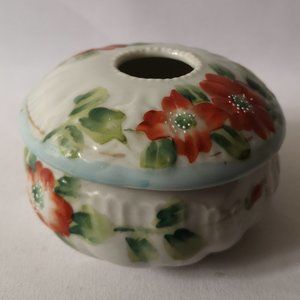 Vintage Hand-painted Porcelain Hair Receiver Made in Japan, Orange Flower Design